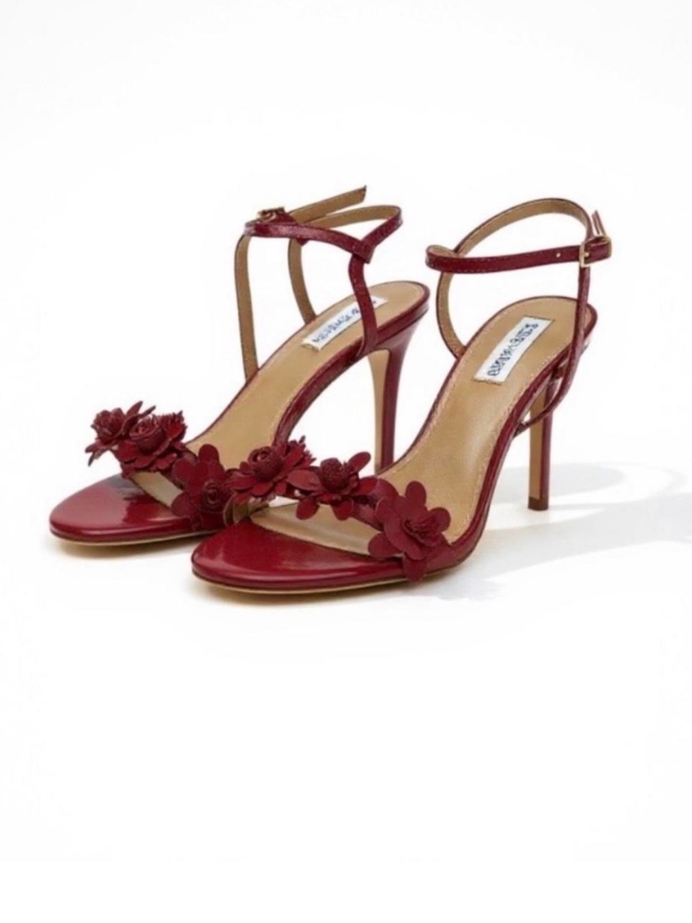 LIKE NEW/STEVE MADDEN BURGUNDY PATENT LEATHER FLORAL KITTEN ANKLE STRAP HEELS